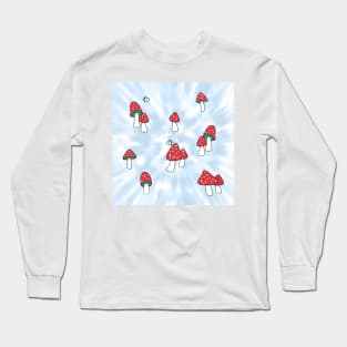 Aesthetic Red Hatted Mushrooms and Butterflies on a Light Blue Pastel Tie Dye Background Long Sleeve T-Shirt